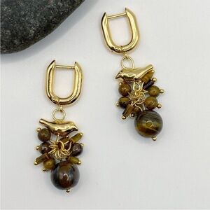 NEW Tigers Eye Bird Dangle Hoop Earrings